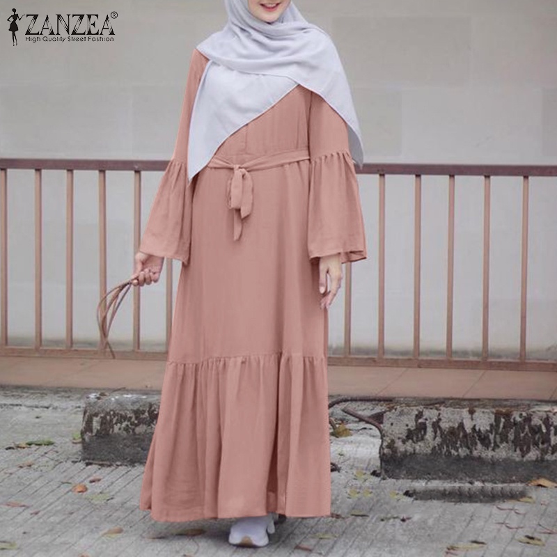 Zanzea Đầm Dài Tay Loe Cổ Tròn Thời Trang Dành Cho Nữ