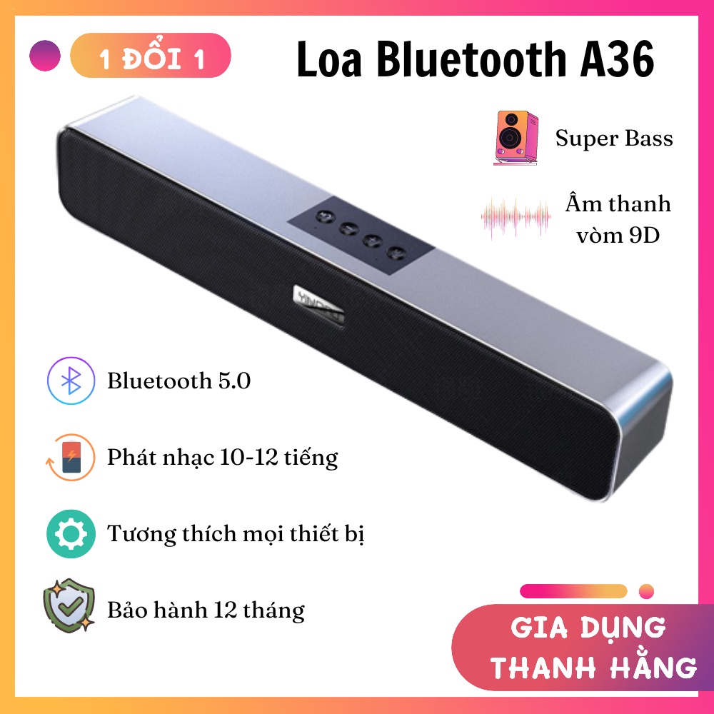 Loa Bluetooth A36 - Âm thanh vòm 9D, Bass cực mạnh, Pin 10-12 tiếng, Tương thích mọi thiết bị - Bảo hành 12 tháng