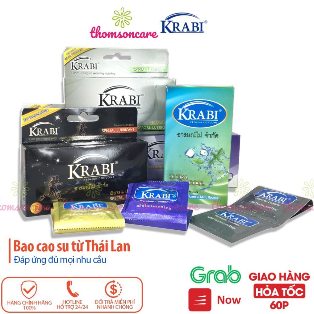 Bao cao su Krabi - bcs gân gai siêu mỏng, kéo dài thời gian bôi trơn, 49mm đôn dên - Hộp 12 chiếc condom từ Thái Lan xịn