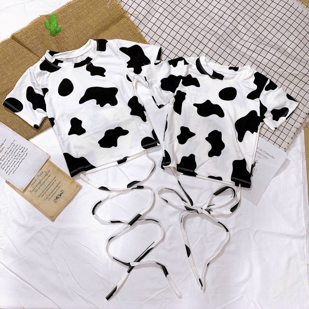 áo croptop họa tiết bò sữa xinh buộc quấn dây eo bụng pc
