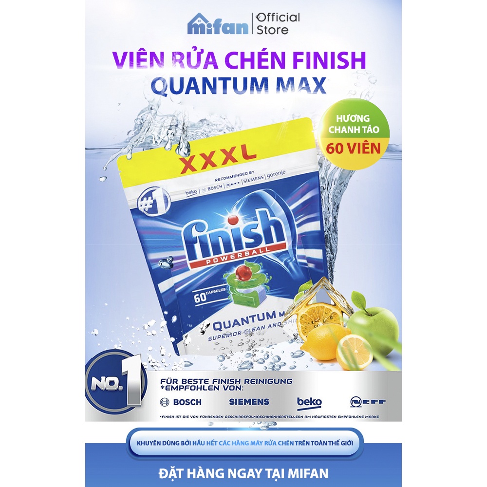 Viên Rửa Bát Finish Quantum Max Gói 60 Viên - Hương Chanh, Chanh Táo, Soda - MIFAN PHÂN PHỐI CHÍNH HÃNG