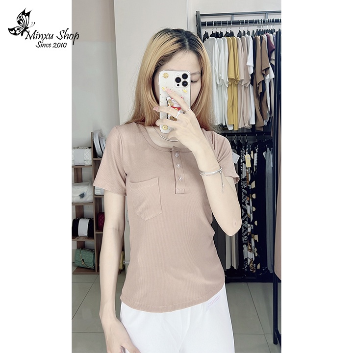 Áo thun nữ vải tăm cúc ngực, áo phông có túi ngực co giãn ôm body phong cách Hàn Quốc Minxu Shop ATD