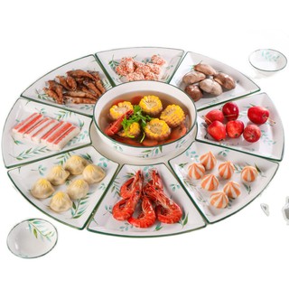 Bộ 8 đĩa + 1 bát tô sứ lá liễu viền vàng