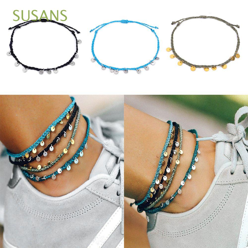 SUSANS Handmade Anklet Beach Pendant Chains Round Pendant Foot Jewelry Women Girls Summer Weave Rope Ankle Bracelet/Multicolor