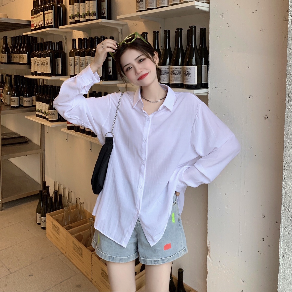 SUXI Áo Sơ Mi Chống Nắng Tay Dài Dáng Rộng Màu Sắc Đơn Giản Dễ Phối Đồ Cho Nữ