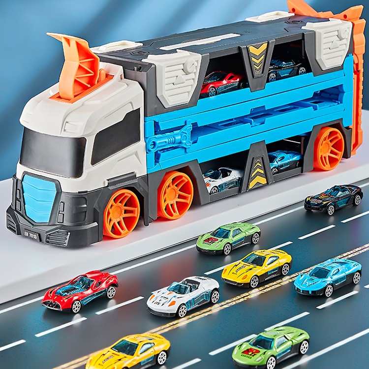 Đồ Chơi Xe Tải Container Hot Wheels Biến Hình Sân Đua Xe, Vận Chuyển Xe Ôtô Cao Cấp Tặng Kèm 6 Xe Con Và Bệ Phóng
