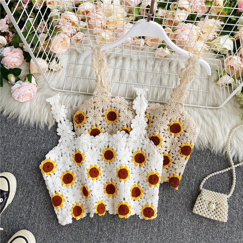 (Sẵn kem) Áo len móc hoa hướng dương nền trắng
