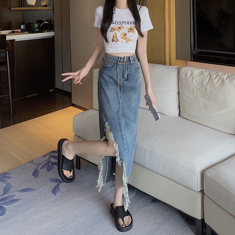 Chân váy jean Lưng Cao Phối Tua Rua Plus Size Cho Nữ