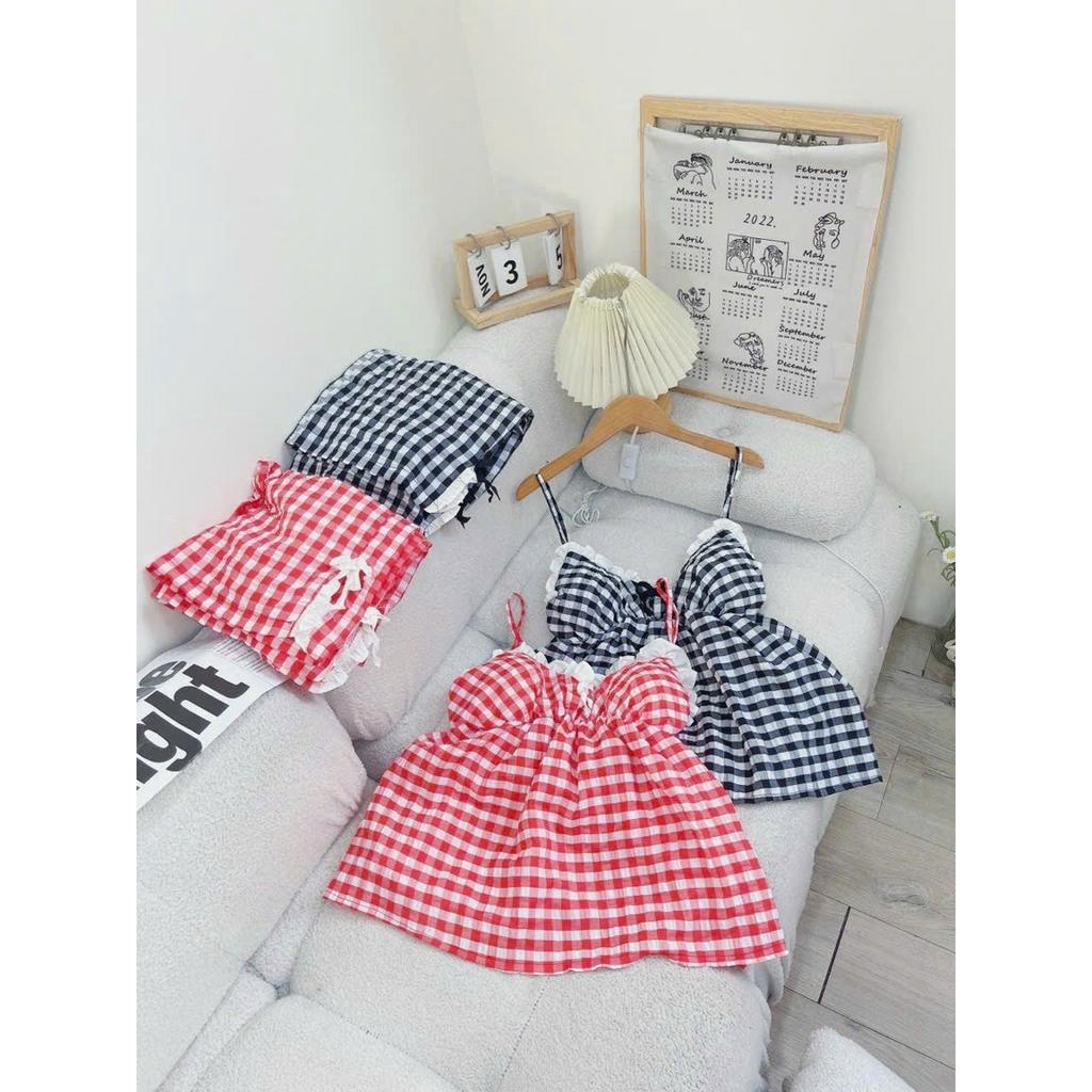 Set bộ đồ nữ, set đồ kẻ caro màu đen đỏ thiết kế 2 dây phối quần dài sang chảnh nữ tính cho nàng mặc nhà đi chơi