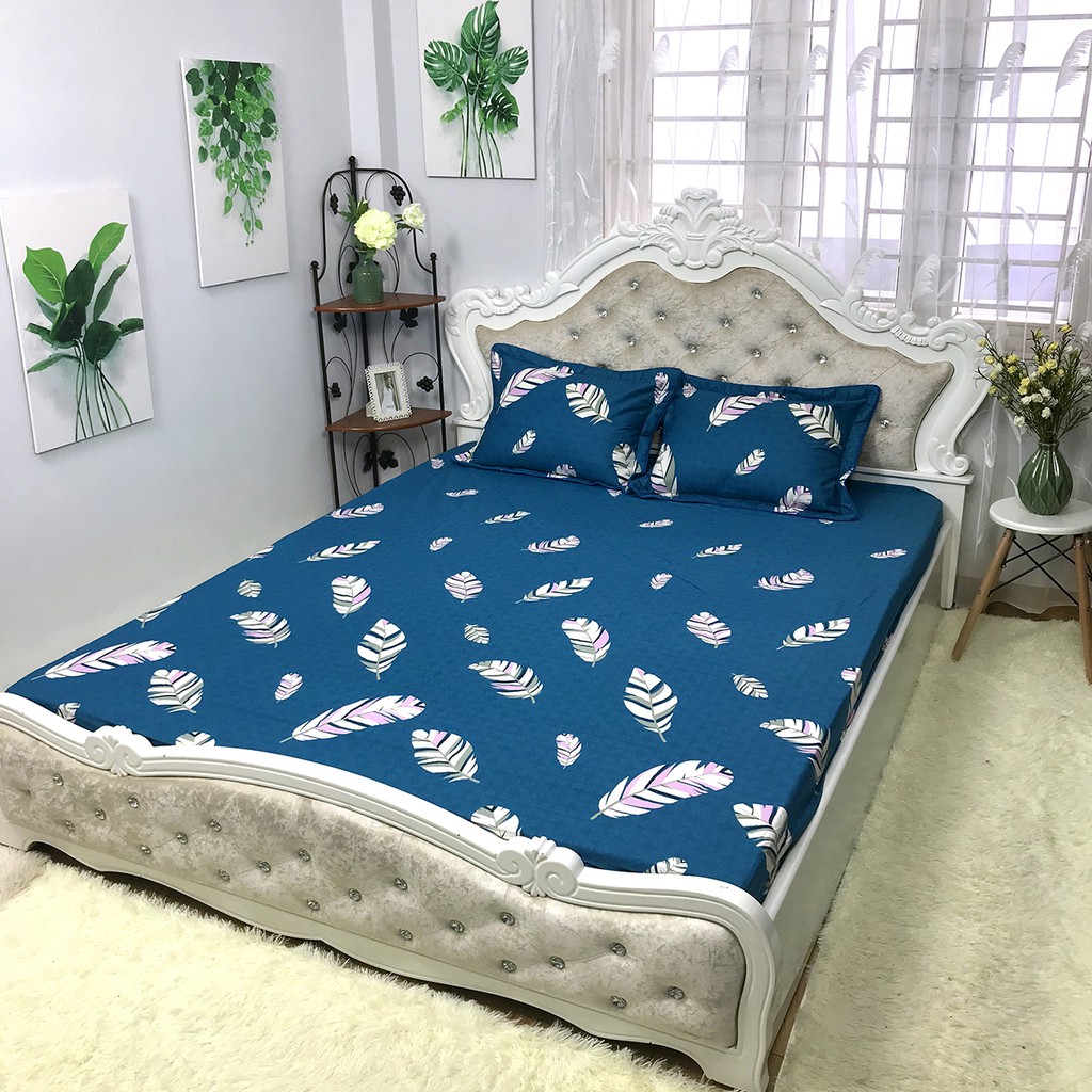 Bộ Ga Gối Cotton 100% Hàng Việt Nam Chất Lượng Cao Mẫu LÔNG CHIM XANH. Thấm Hút Mồ Hôi Cực Tốt