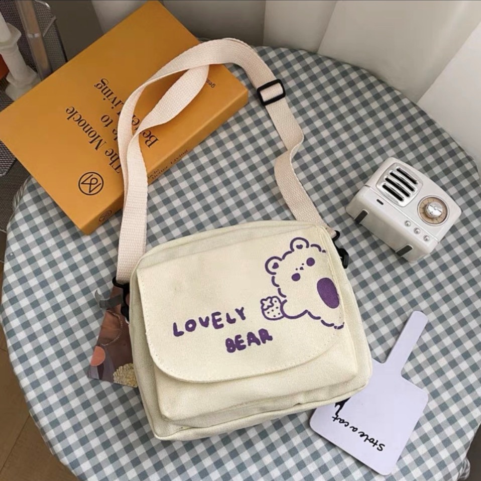 Túi đeo chéo mini vải canvas Lovely Bear dễ thương ( chưa kèm phụ kiện)