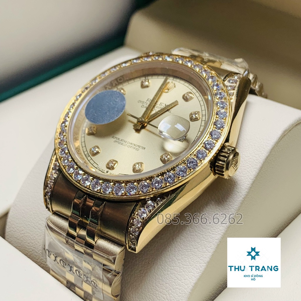 Đồng hồ nam Đồng hồ cơ Rolex mẫu mặt vàng Viền và Tai quai đính đá size 40-41mm