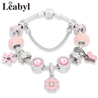 Vòng tay phong cách Pandora mặt hình hoa màu hồng và bướm P10951