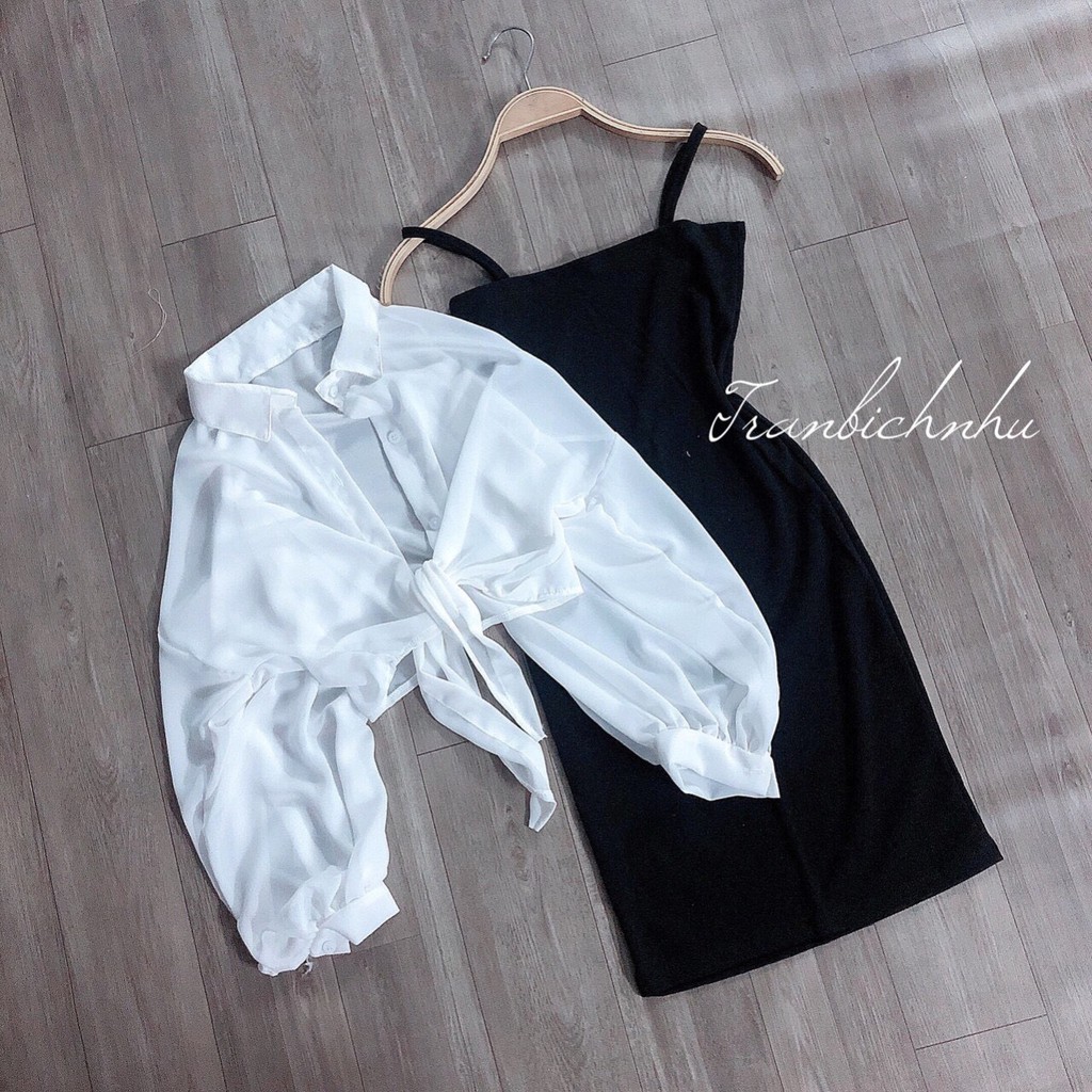 Set Đầm Body 2 Dây Kèm Áo Khoác Voan ( ẢNH THẬT) alohashop91