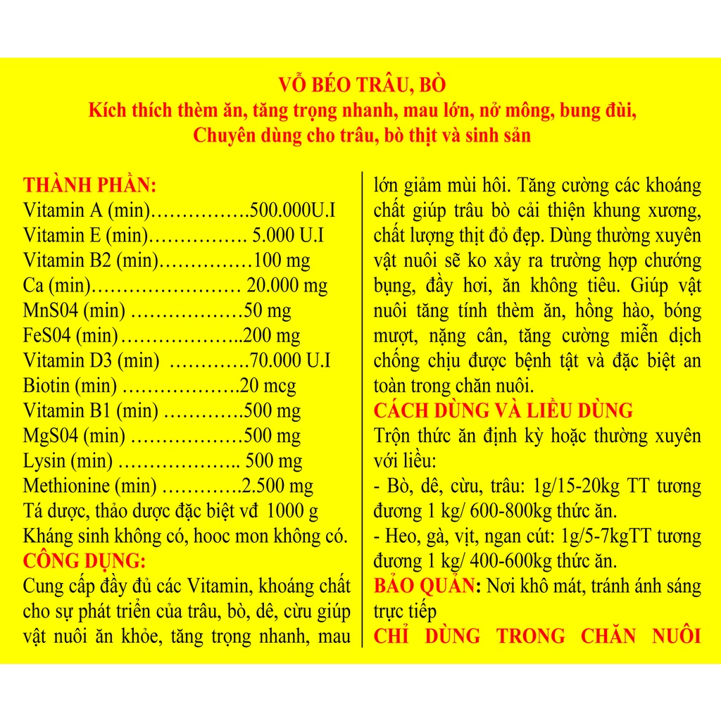 3kg VỖ BÉO TRÂU, BÒ tăng tính thèm ăn, tăng trọng nhanh