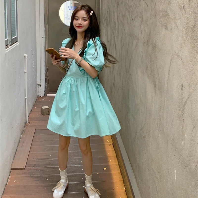 Đầm Mỏng Mùa Hè Tay Phồng Viền Màu Trơn Kiểu Pháp Mới Cho Nữ