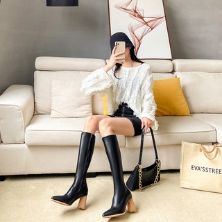 [BlackThrons] 2021 thời trang giày da nữ bốt đùi  cao cổ