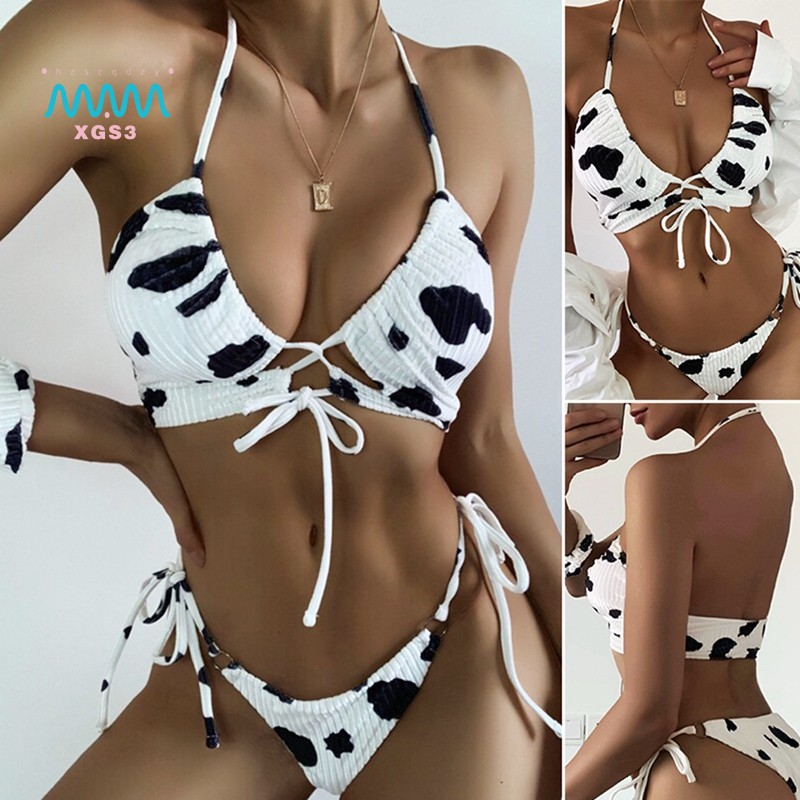 -Bộ Bikini Hai Mảnh Họa Tiết Da Bò Quyến Rũ Cho Nữ