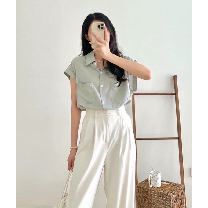 [Ảnh thật/Video]Áo sơ mi sát nách hai túi trước nhiều màu chất lụa hàn sang chảnh Áo sơ mi Quảng Châu