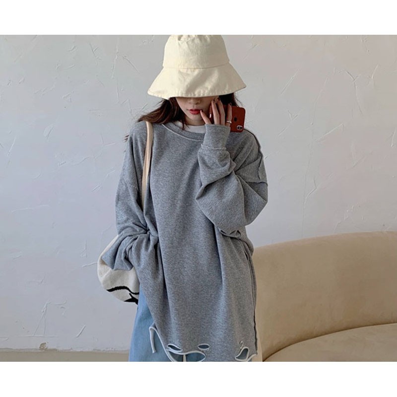 Áo Sweater Dài Tay Dáng Rộng Phối Rách Cá Tính Dành Cho Nữ