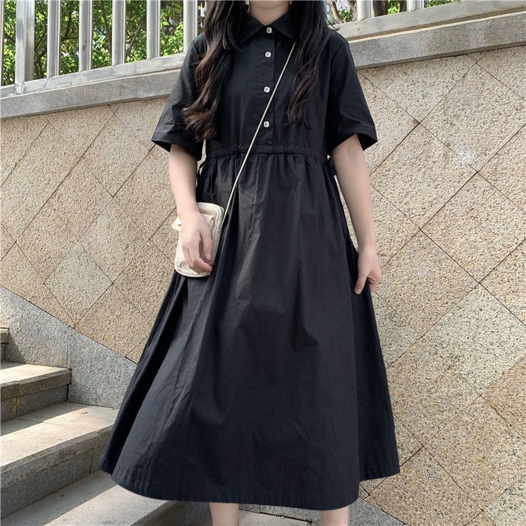 Đầm tay ngắn cổ POLO eo cao màu đen phong cách Hàn Quốc thời trang mùa hè cho nữ