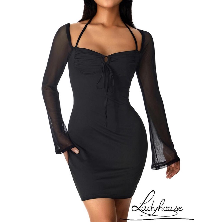 Đầm Tay Dài Phối Lưới Xuyên Thấu Màu Trơn Có Dây Điều Chỉnh Thời Trang Mùa Hè Cho Nữ