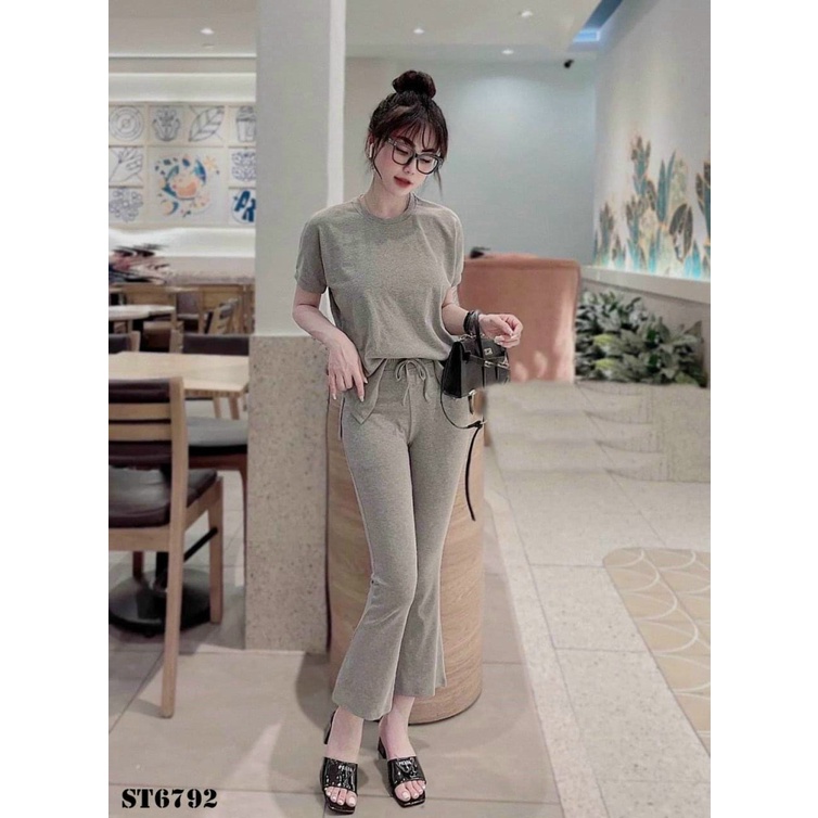 (Free Ship) SÉT THUN GÂN ÁO CỔ TRÒN PHỐI QUẦN DÀI ỐNG LOE ĐỒNG MÀU MẶC NHÀ THOẢI MÁI MÁT MẺ UP Shop VLTN