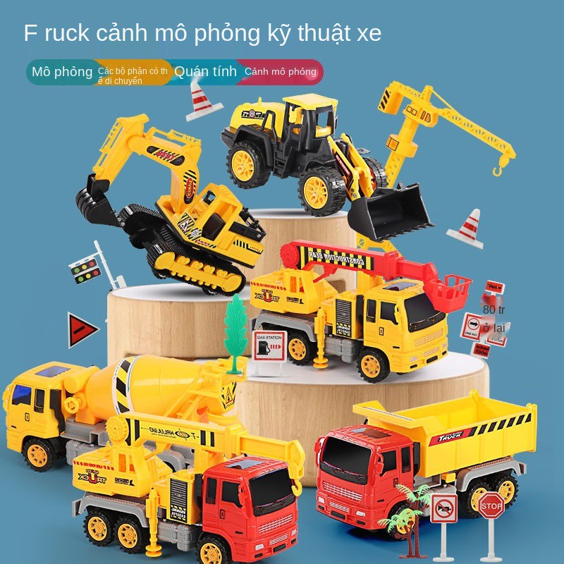 bộ đồ chơi xe tải kỹ thuật trẻ em lớn, cần cẩu máy trộn đào, ủi đổ, cậu bé, các loại ô tô khác nhau