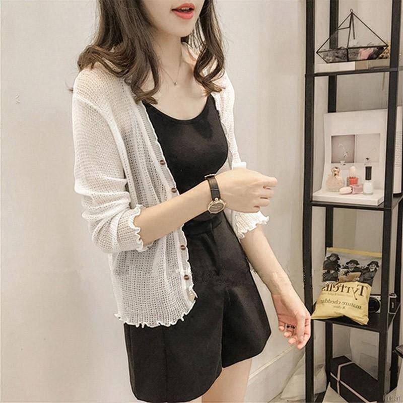 Áo Cardigan Dệt Kim Tay Ngắn Thiết Kế Cổ Chữ V Thanh Lịch