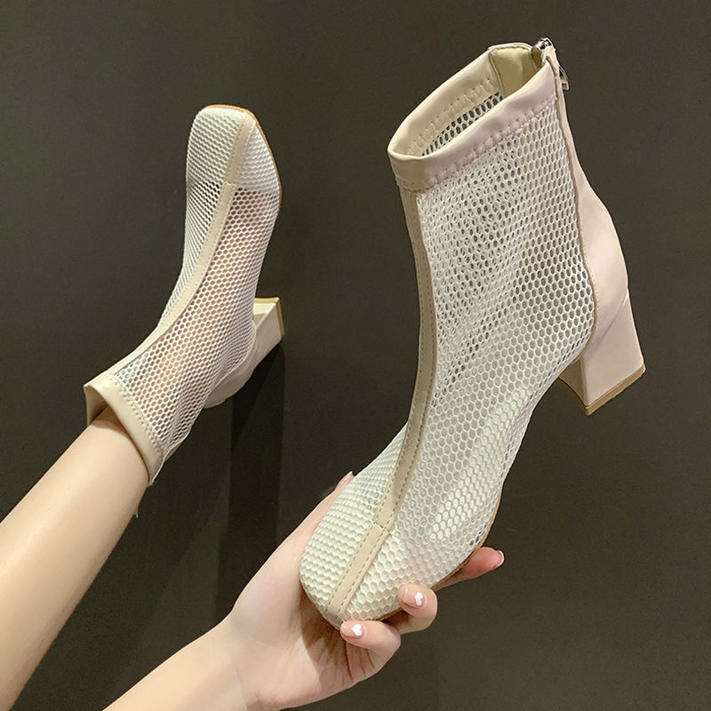 Mesh Hollow liang xue2021New Summer High Heel Chunky Heel Mesh Elevator Wild Ankle Boots