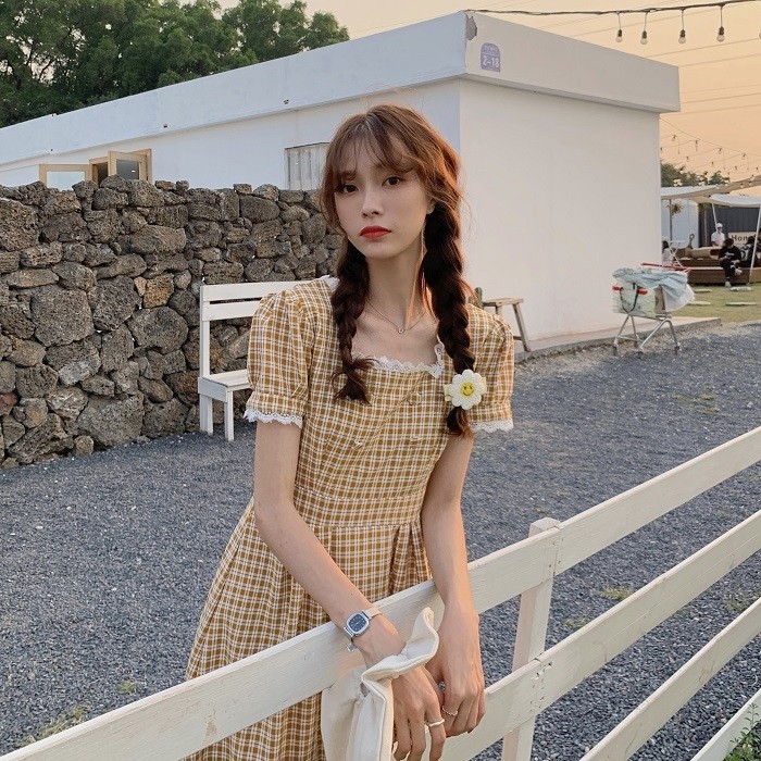 Đầm Caro Tay Ngắn Thời Trang Dành Cho Nữ