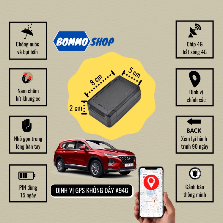 Định vị xe máy không dây A94G PIN dùng 15 ngày báo vị trí xe chính xác nhỏ gọn giấu kín chống nước tặng SIM 4G 12 tháng