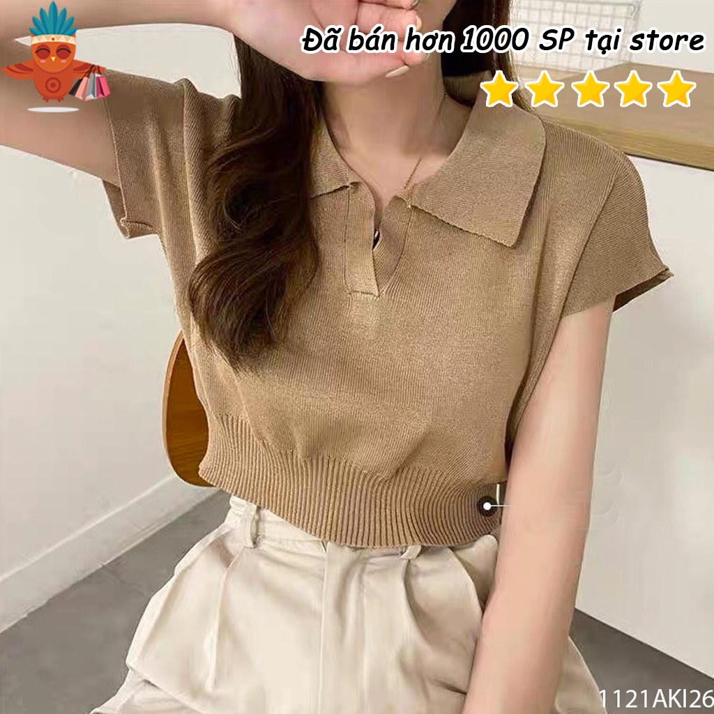 Áo len polo kiểu croptop màu trơn trắng, đen, kem, nâu THOCA HOUSE trang phục thu đông kiểu cách