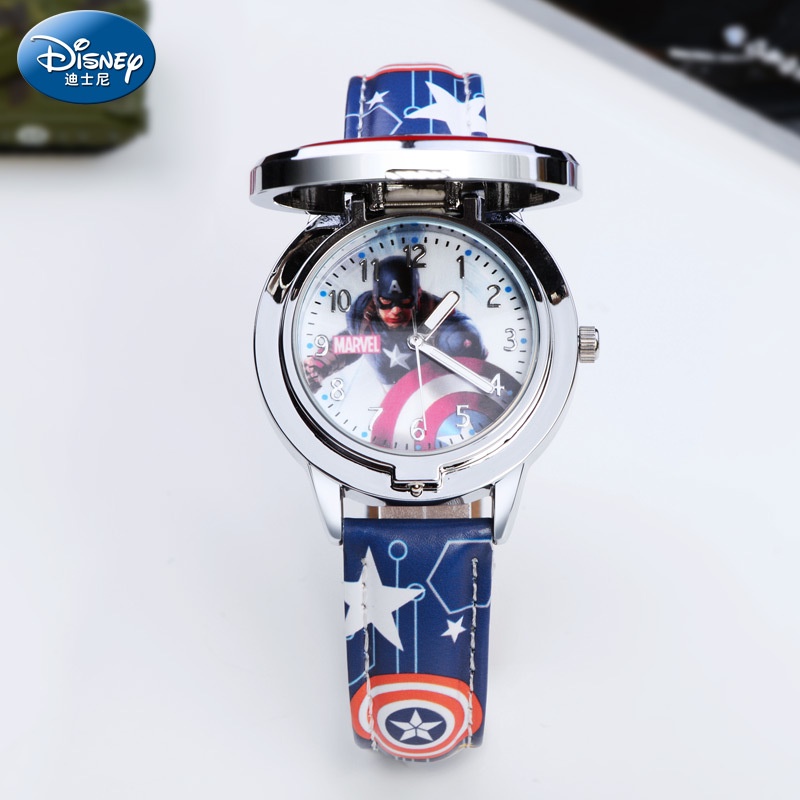 DISNEY Đồng Hồ Kim Loại Nắp Lật Hình Người Nhện/Captain America/ironman Cho Bé Trai