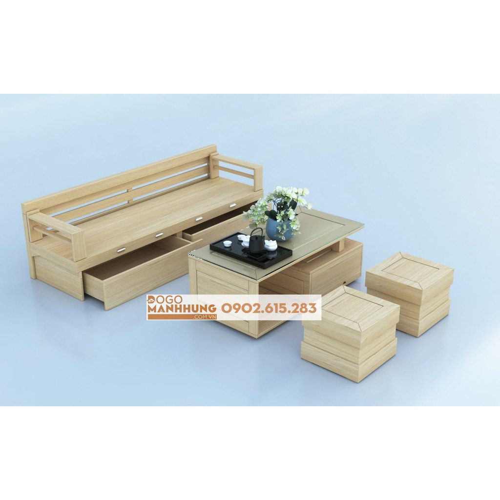 Bộ bàn ghế sofa giường mặt liền gỗ sồi 4 món