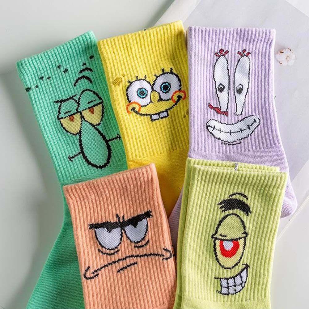 FORBETTER Vớ Cotton Polyester Thoáng Khí Họa Tiết SpongeBob Phong Cách Đường Phố Harajuku Cho Nữ