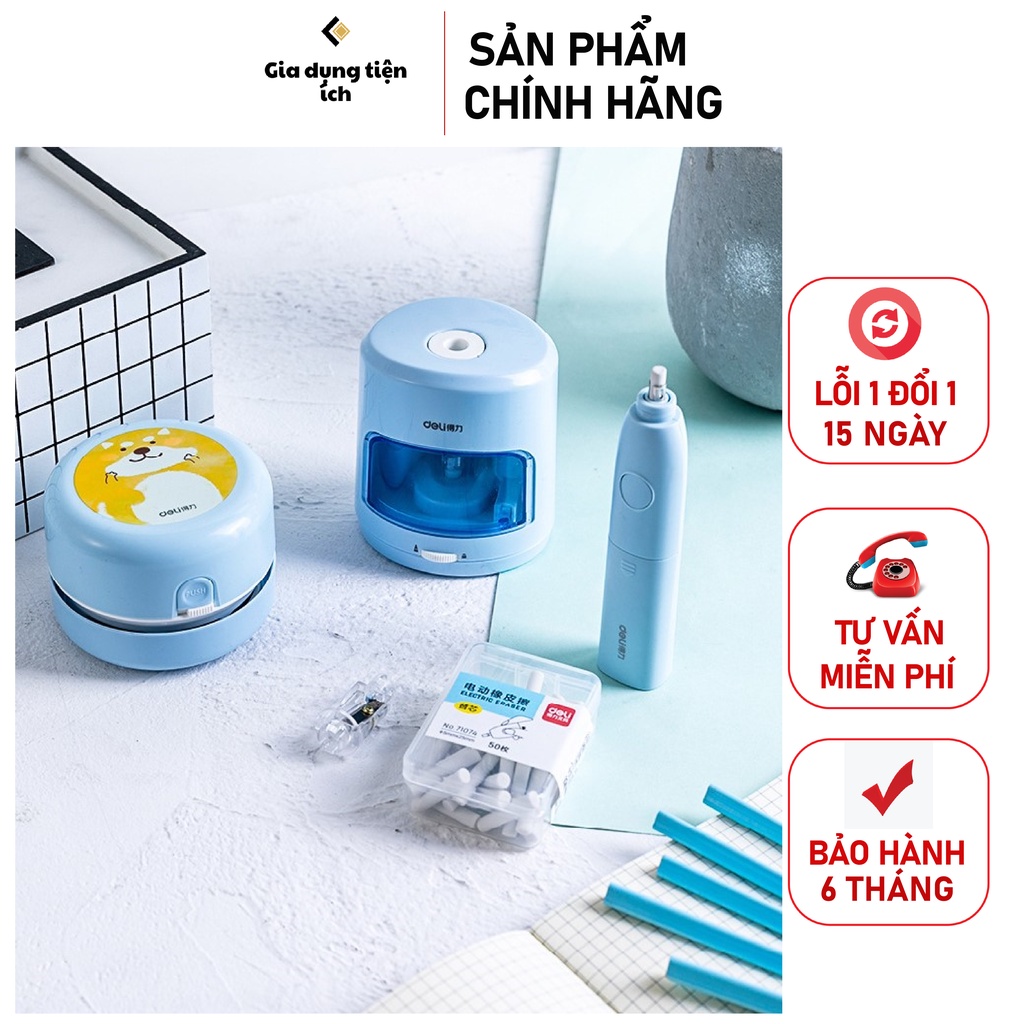 Bộ 5 Văn phòng phẩm CAO CẤP Tẩy - Gọt bút chì - Hút bụi tự động Deli Xanh/Hồng tặng bút chì, hộp tẩy thay thế - T7035