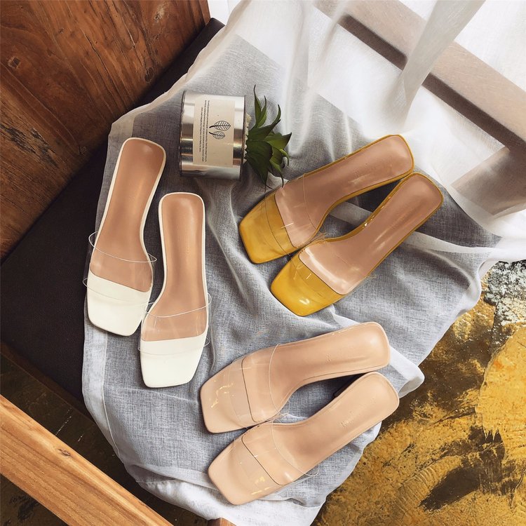 Fashionable Square Head Transparent Belt Low Heel Sandals for Women