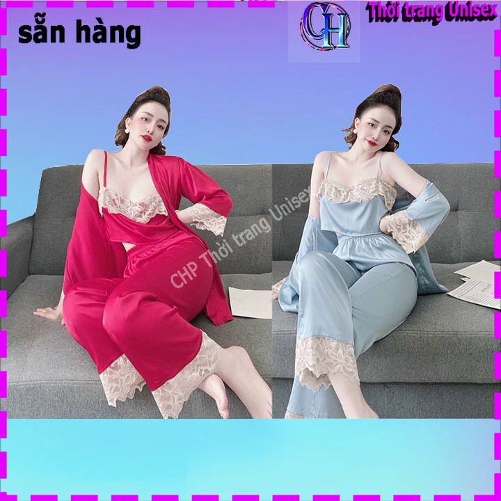Set đồ ngủ lụa 3 món, bộ mặc nhà gồm áo ngủ 2 dây kèm áo choàng và quần dài phối ren siêu sang chất lụa satin cho Nữ | BigBuy360 - bigbuy360.vn