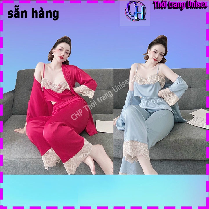 Set đồ ngủ lụa 3 món, bộ mặc nhà gồm áo ngủ 2 dây kèm áo choàng và quần dài phối ren siêu sang chất lụa satin cho Nữ