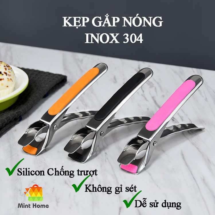 Kẹp gắp thức ăn đồ nóng, chảo bằng thép không gỉ inox 304 cao cấp có mút silicon ko trượt phụ kiện nồi chiên không dầu