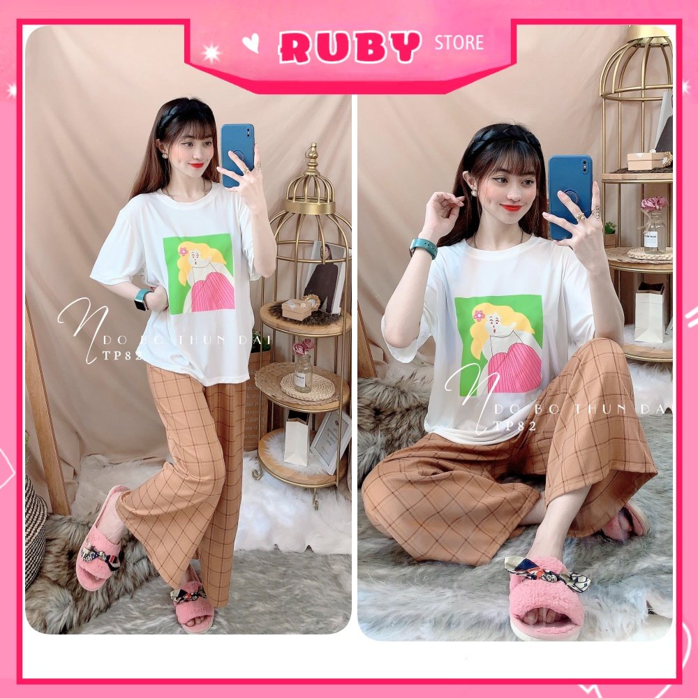 Đồ bộ ống rộng phối sọc kẻ cho nữ chất vải mềm mát lưng thun co giãn in họa tiết hoạt hình dễ thương TP82