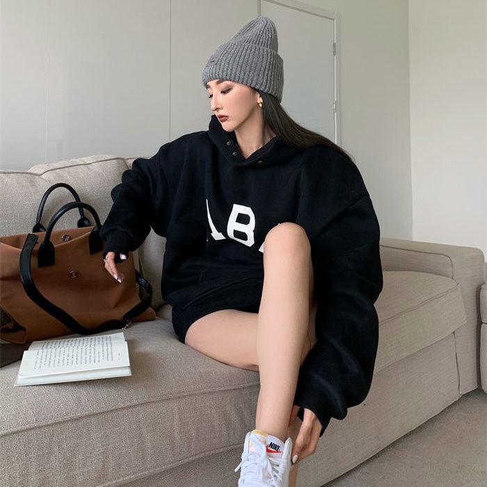 Áo hoodie in chữ ABC hai màu xám / đen dáng rộng ấm áp thời trang có tùy chọn lót lông | BigBuy360 - bigbuy360.vn