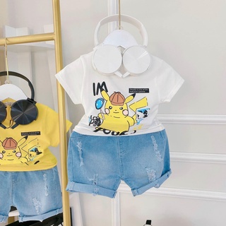 [Size 25-32kg] Set áo thun trắng in hình pokemon kèm quần jeans cực ngầu cho bé trai