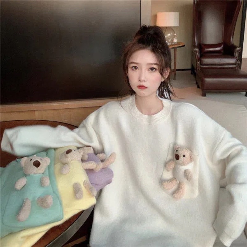 Áo Sweater Nữ Màu Xanh Hồng Vàng Trắng Cổ Tròn Có Túi Gấu Cute Dài Tay, Áo Len Thu Đông Chất Loại 1 Dễ Thương