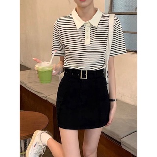 ÁO POLO NỮ KẺ CÁ SẤU CỔ TRẮNG