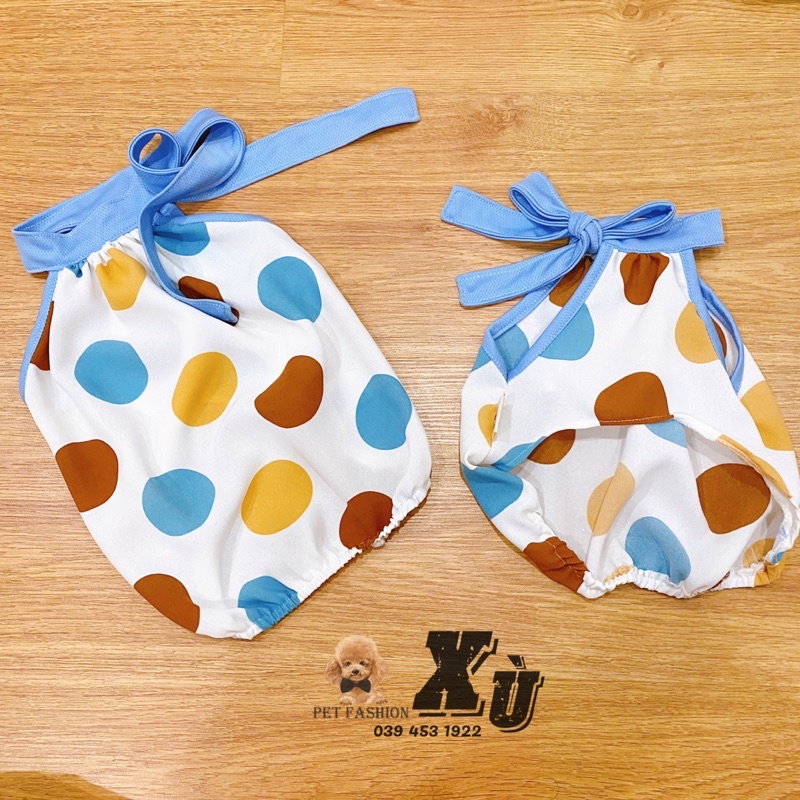 Đầm mùa hè họa tiết bi lớn cột nơ xanh siêu cưng cho các bé chó mèo thú cưng xupetfashion