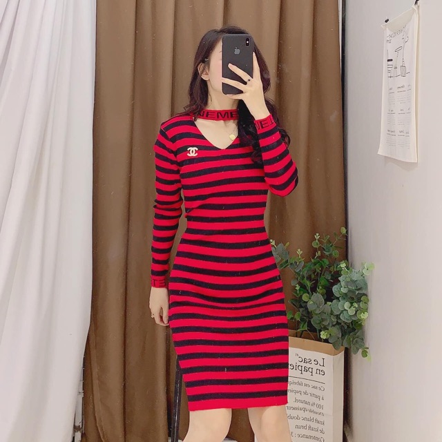 Đầm len maxi kẻ cổ choker tag đá 💋 hàng Quảng Châu💋 loại cao cấp | BigBuy360 - bigbuy360.vn