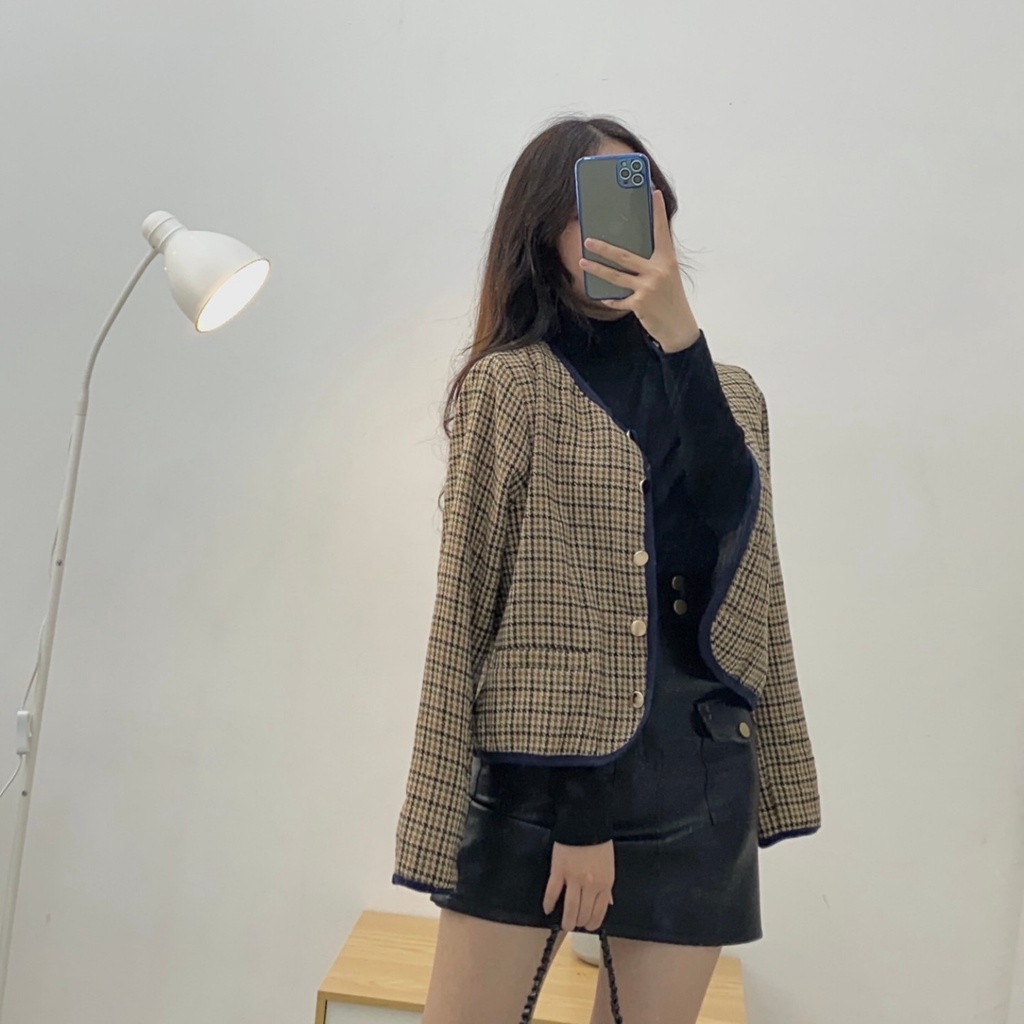 Áo dạ tweed nữ dáng ngắn [2 lớp] áo khoác ngoài vintage thiết kế bo viền A-KD