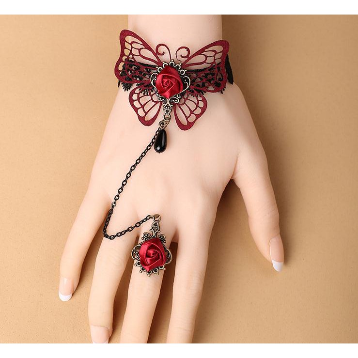 Lắc tay nữ liền nhẫn vải ren đỏ cao cấp trang sức cô dâu dự tiệc sang chảnh